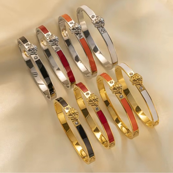 18K White Gold Medusa Head Black Oil Drip Stackable Diamond Bracelet No Fade - Picture 4 of 6